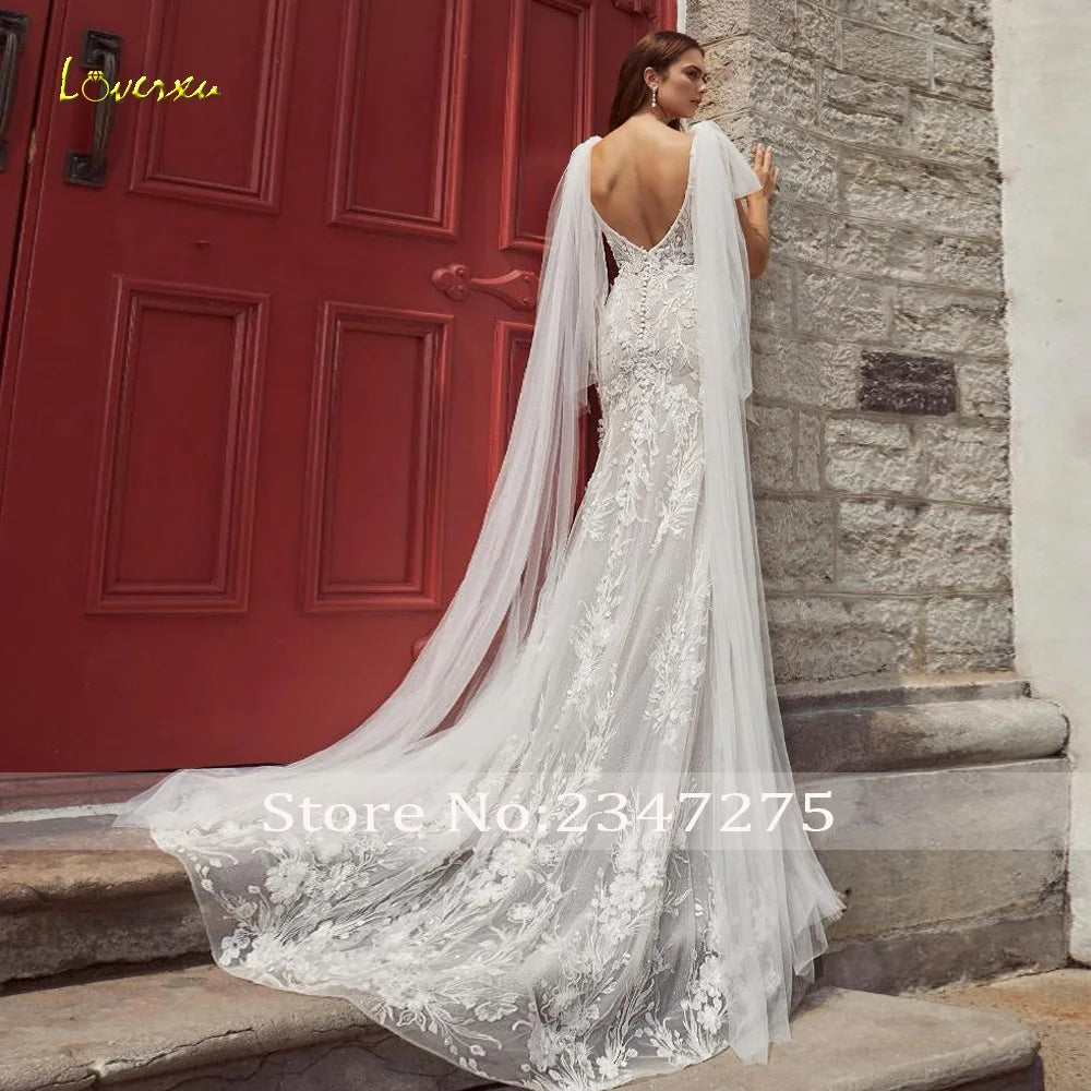 Loverxu Mermaid Elegant Wedding Dresses 2024 Scalloped Sleeveless Ribbons Vestido De Novia Lace Embroidery Sexy Robe De Mariee