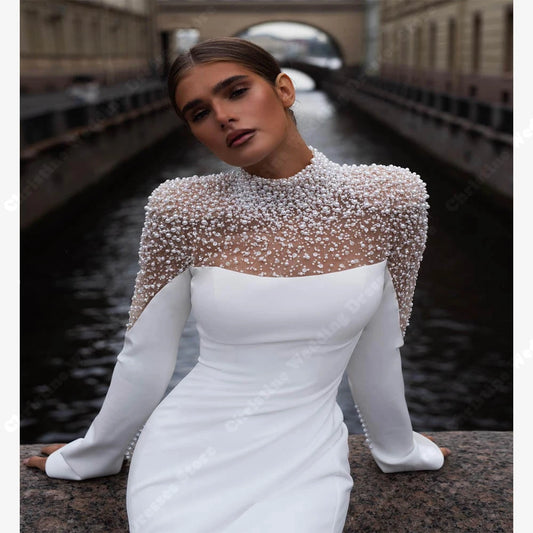 Sexy High-Neck Women Wedding Dresses Newest Exquisite Pearl Bridal Gowns Newest Sexy Mopping Length Princess Vestidos De Novias