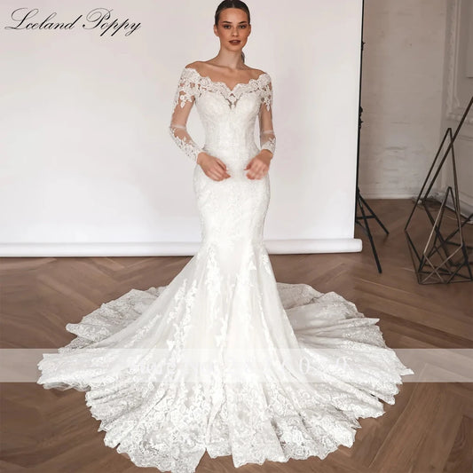 Lceland Poppy Boat Neck Mermaid Lace Wedding Dresses Beaded Appliques Long Sleeves Bridal Gowns with Detachable Train