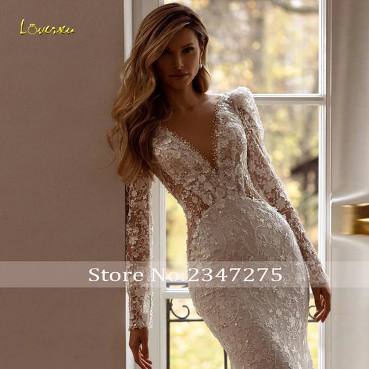 Loverxu Mermaid Graceful Sexy Wedding Dresses 2024 V-Neck Long Sleeve Vestido De Novia Embroidery Detachable Train Bride Dress