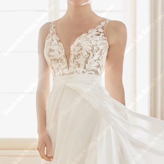 Simple Lace Floral Printing Women Wedding Dresses Sexy V-Neck 2024 Creative Simplicity Design Mopping Length A-Line Bridal Gowns