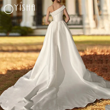 OYISHA  Elegant One Shoulder Formal Wedding Dresses A-Line Sleeveless Satin With Ruched 2023 Bridal Gowns Robe De Mariée Zipper