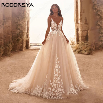 RODDRSYA Spaghetti Straps Glitter Wedding Dresses V-Neck Shiny Tulle With Applique Backless Bohemia Lace Bridal Gowns Plus Size