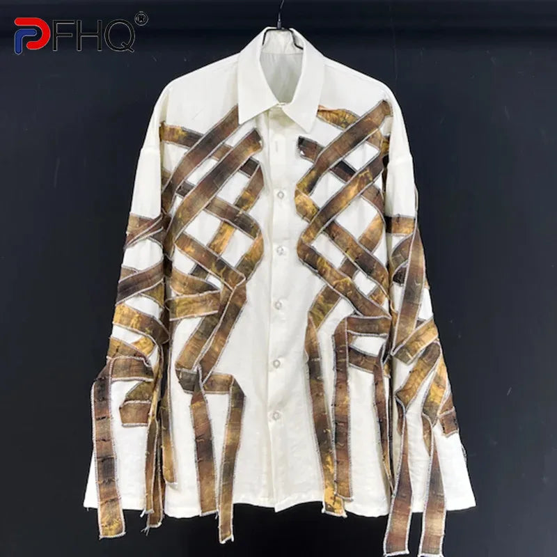 PFHQ Linen New Print Patchwork Men's Shirts Chic Long Sleeve Twisted Lapel Tie Dye Male Single Breasted Cool Tops Summer 21Z4279