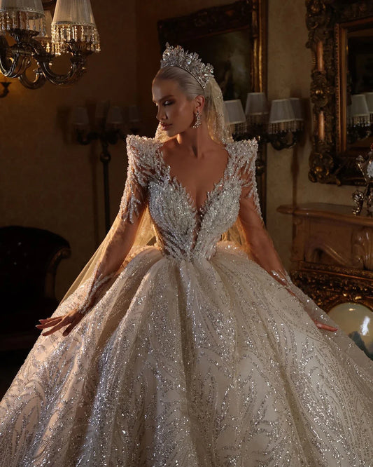 Luxury Dubai Wedding Dresses For Women Sequins Crystal V Neck Custom Made Long Sleeves Bridal Ball Gowns Vestidos De Novia 2024