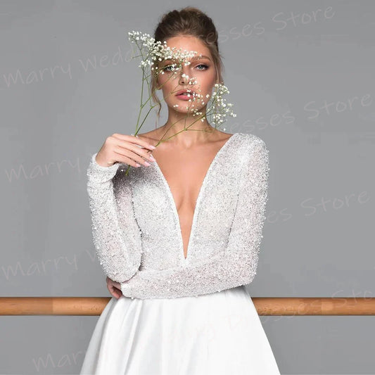 Fascinating Deep V Neck A Line Women's Wedding Dresses Simple Long Sleeve Bride Gowns Modern Sexy Side High Split Abiti Da Sposa