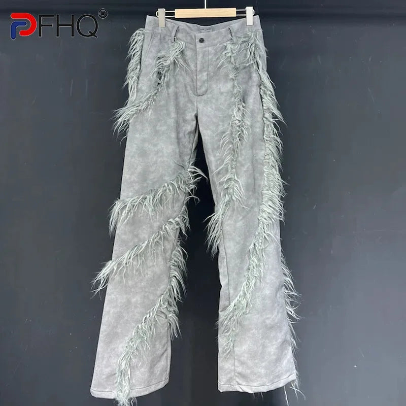 PFHQ Flared Pants Loose Fitting PU Plush Paneled Men's Niche Design Baggy Handsome Heavy Industry Male Trousers Spring 21Z4265