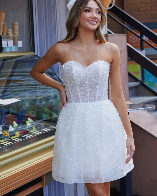 Sweetheart Beaded Sequins Elegant Wedding Dresses for Bride Pleated Short Mini Wedding Gowns A-line Bridal Gown with Sleeve