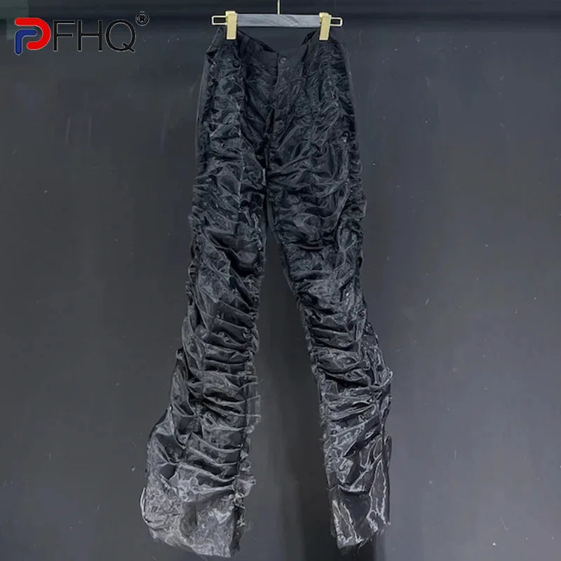 PFHQ Summer Organza Pleated Texture Men's Flare Pants Darkwear Light Luxury Avant-garde Advanced Motorcycle Trousers New 21Z4813