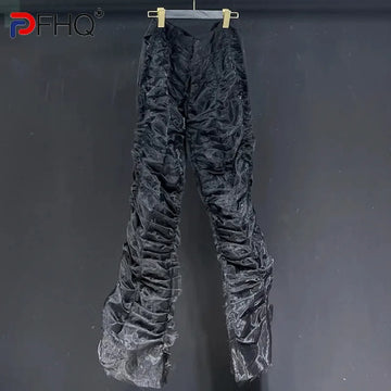 PFHQ Summer Organza Pleated Texture Men's Flare Pants Darkwear Light Luxury Avant-garde Advanced Motorcycle Trousers New 21Z4813