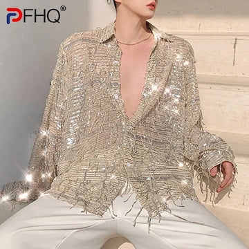 PFHQ Irregular Beaded Tassel Shirts Men's Nightclub Sequin Light Luxury Sexy Handsome Personality Male Tops Summer New 21Z4206