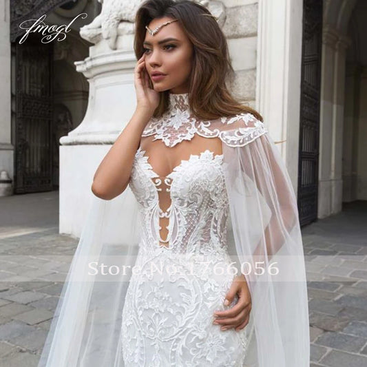 Fmogl Exquisite Sweetheart Illusion Lace Mermaid Wedding Dresses Luxury Appliques Button Court Train Trumpet Bridal Gown