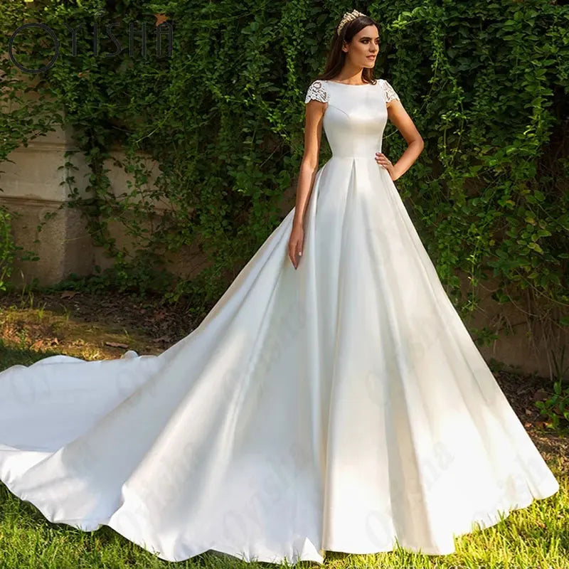 OYISHA Appliques Scoop Sexy Wedding Dresses Satin Cap Sleeves Exquisite Bridal Gown Simple A-Line Lace White Vestido De Mariages