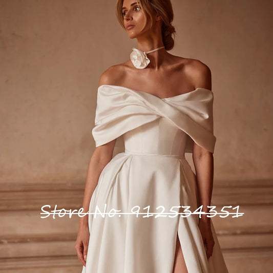 Newest Slit Skirt Satin Wedding Dress Hand Made Flowers Gorgeous Vestidos De Noiva Off the Shoulder Luxury Bridal Gowns