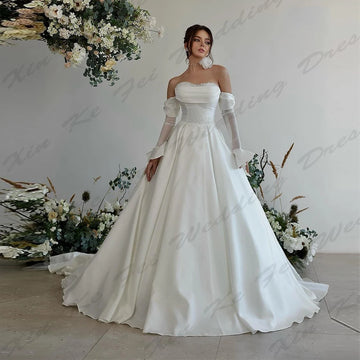 Elegant A-Line Pretty Wedding Dresses For Woman Sexy Mermaid Off Shoulder Long Sleeves Fluffy Princess Style Mopping Bride Gowns