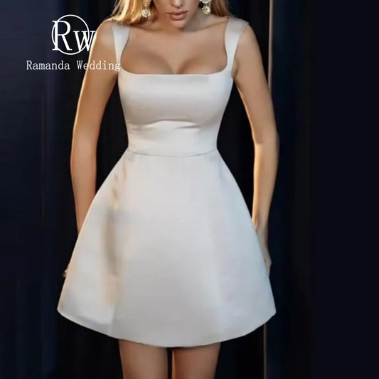 Ramanda Mini Square Neck Short Wedding Dress For Women Simple Sleeveless Satin Bridal Gown For Charming Women Vestidos De Novia