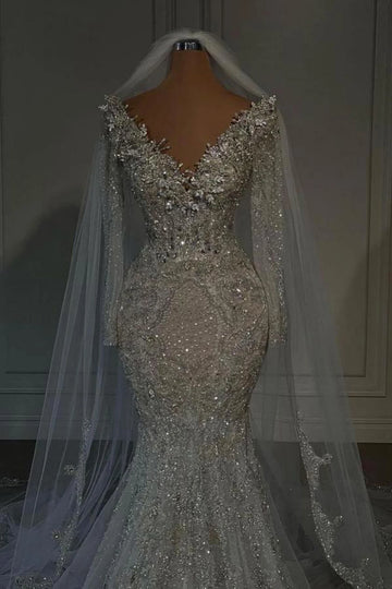 Luxury Mermaid Wedding Dresses Beaded Pearls Soft Tulle Sequined Crystal V Neck Bridal Formal Evening Prom Gown Vestido De Novia