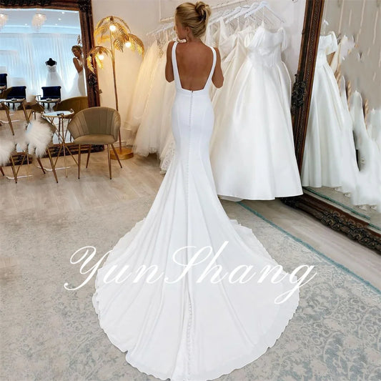 Yunshang Elegant Mermaid Wedding Dress 2024 V-Neck Spaghetti Straps Open Back Simple Bridal Gowns Sweep Train Vestidos De Novia