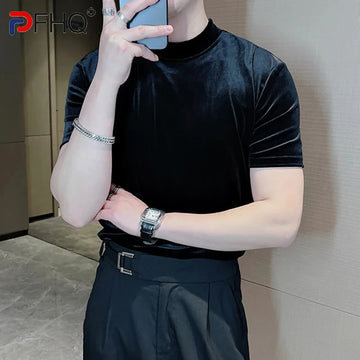 PFHQ Summer Velvet Slim Fit Fashion Short Sleeved Men's T-shirt Versatile 2024 Solid Color Round Neck Male Tops 21Z5314