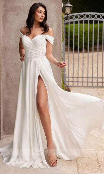 Simple Off Shoulder Pleated Wedding Dresses with Side Split Backless A-line Court Bridal Gown vestido de novia