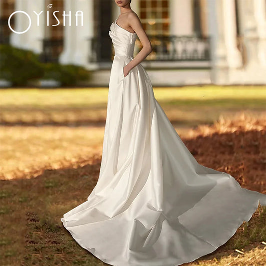 OYISHA  Elegant One Shoulder Formal Wedding Dresses A-Line Sleeveless Satin With Ruched 2023 Bridal Gowns Robe De Mariée Zipper