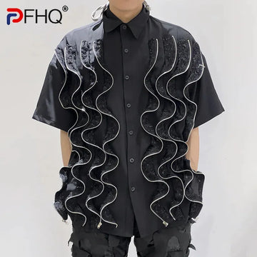 PFHQ Men's Short Sleeved Shirt Summer Niche Twisted Zipper Advanced Single Breasted Turn-down Collar Handsome Male Tops 21Z4823