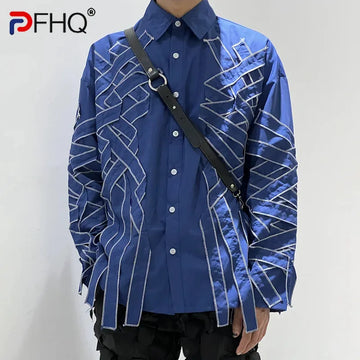 PFHQ Long Sleeve Textured Male Shirts Summer Haute Quality Three-dimensional Silk Gloss Thin Loose Turn-down Collar Tops 21Z4827