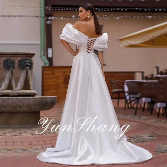 Yunshang Elegant Wedding Dress Women Mermaid Open Back Pleat Off The Shoulder Lace-up Bridal Gowns Sweep Train Vestidos De Novia