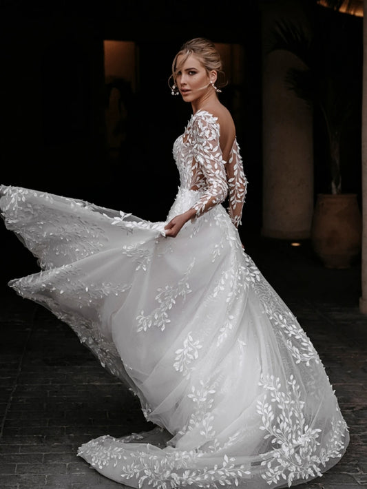 Sexy Deep V-neck Backless Wedding Dress Classic Lace Appliques Bride Robe Elegant A-line Long Bridal Gown Robe De Mariée