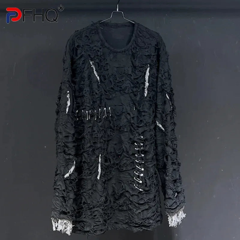 PFHQ Long Sleeved Male T-shirt Niche Hole Pin Design Breathable Summer Baggy Darkwear Men's O-Neck Tops Versatile Chic 21Z4634