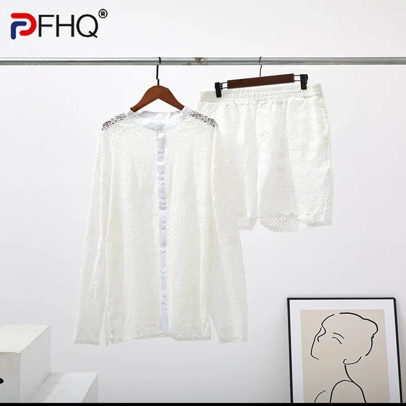 PFHQ 2023 Summer New Hollow Out Sexy Lace Shorts Shirt Sets Men's Fashion Suit Clothes Free Shipping Trendy Elegant Beach Cheap