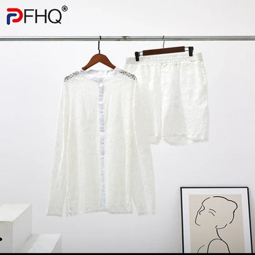 PFHQ 2023 Summer New Hollow Out Sexy Lace Shorts Shirt Sets Men's Fashion Suit Clothes Free Shipping Trendy Elegant Beach Cheap
