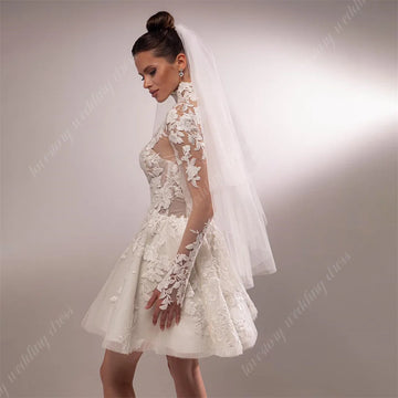 Short Mini High Neck Bridal Gowns For Women Lace Applique  Above Knee Length Wedding Party Dress Long Sleeves Wedding Dresses