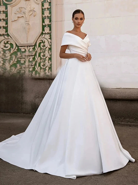 Elegant Wedding Dresses Off The Shoulder Satin A-Line Bridal Gowns For Formal Party V-Neck Floor Length Vestidos De Novia 2024