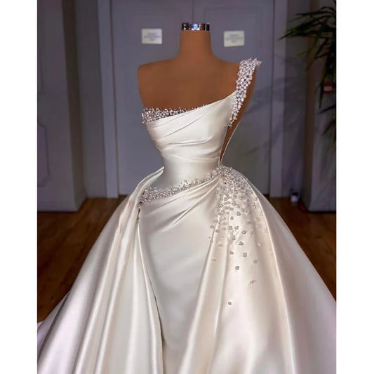 Luxury Pearls Bride Dress 2024 Fashion Sleeveless Beading Detachable Tail Mermaid Gowns Elegant Court Train Wedding Dress