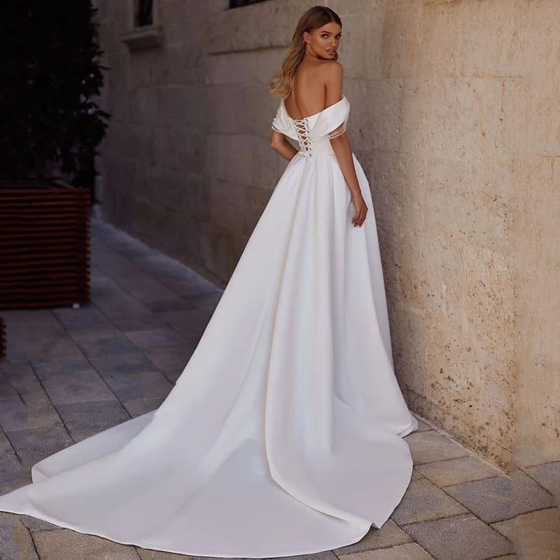 Satin Wedding Dress Sequined Sweetheart Off The Shoulder A Line With Pocket Wedding Gown High Slit Lace Up Back Robe De Mariee