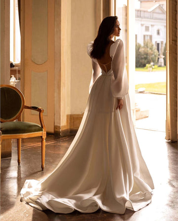 Charming Wedding Dresses Chiffon Satin A-Line Robe Floor-Length Bridal Gowns Vintage Puff Sleeves 2024 Simple Vestidos De Novia