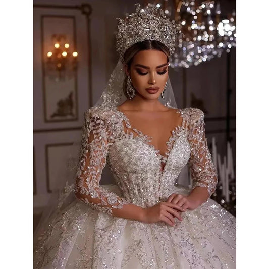 Luxury Women's Wedding Dresses Elegant V-Neck Long-Sleeved Lace Applique A-Line Puffy Skirt Bridal Gowns Formal Beach Party Robe