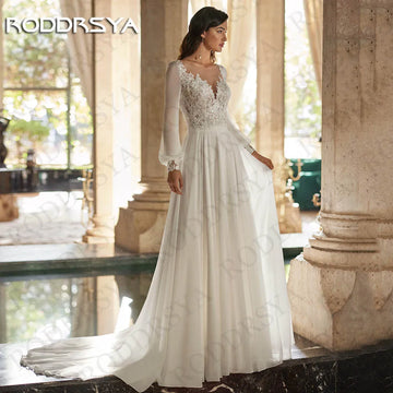 RODDRSYA Long Sleeves Boho Wedding Dresses Lace Appliqeus Charming Beach A Line Chiffon O Neck Backless Bridal Gowns Women 웨딩드레스