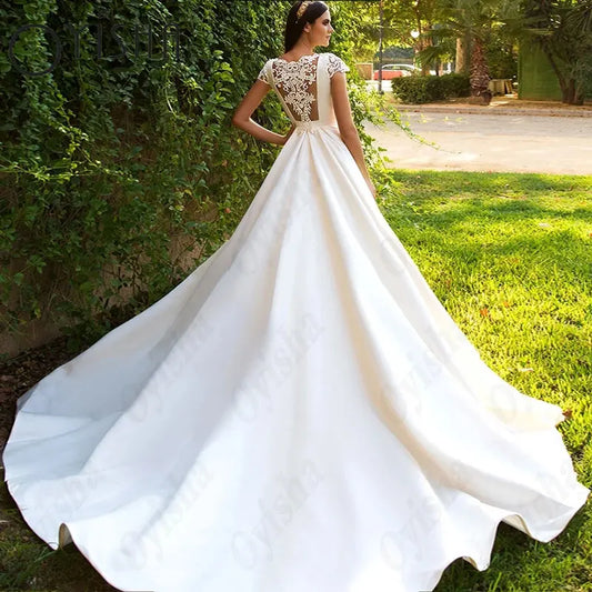 OYISHA Appliques Scoop Sexy Wedding Dresses Satin Cap Sleeves Exquisite Bridal Gown Simple A-Line Lace White Vestido De Mariages