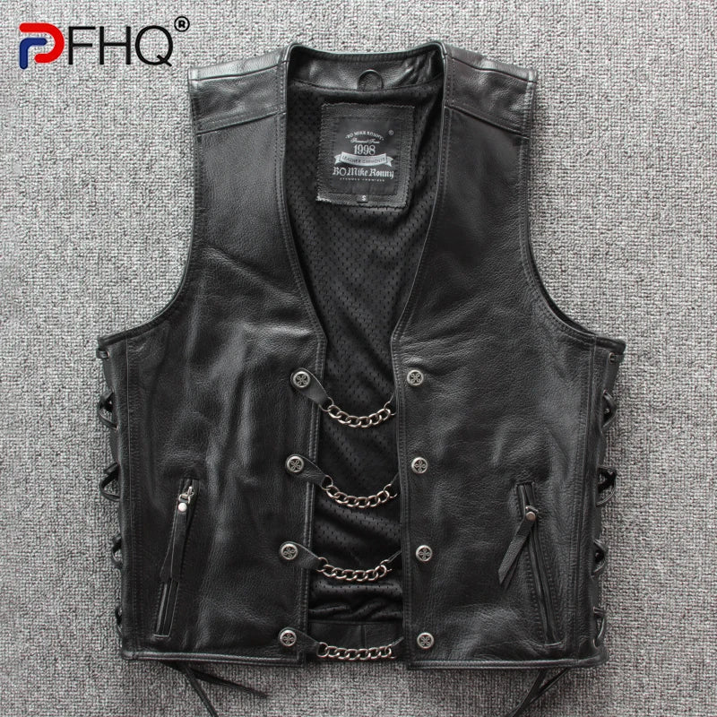 PFHQ 2023 Spring Trendy Men's Motorcycles Waistcoat Stylish Leather Jacket High Quality PU Punk Sleeveless Vest Coat Clothes New