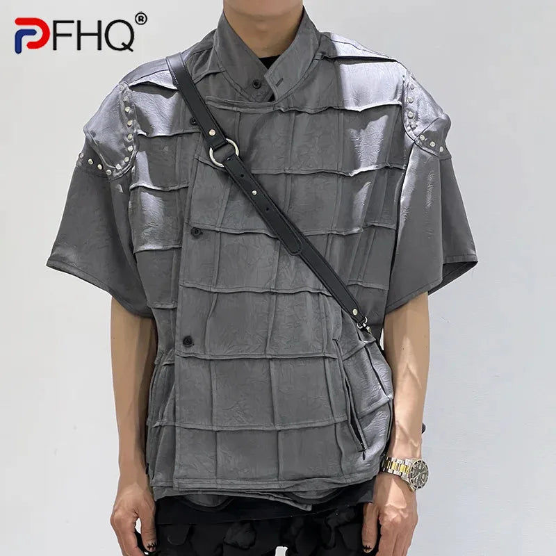 PFHQ Standing Collar Short Sleeve Shirt Male Summer Plaid Creativity Personality Haute Quality Advanced Men's Tops New 21Z4826