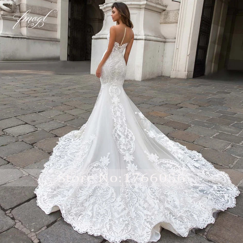 Fmogl Exquisite Sweetheart Illusion Lace Mermaid Wedding Dresses Luxury Appliques Button Court Train Trumpet Bridal Gown