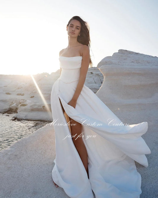 Merioslove Simple Wedding Dresses Strapless Sleeveless Side Split Beach Bride Dress Minimalist Bridal Gowns 2024