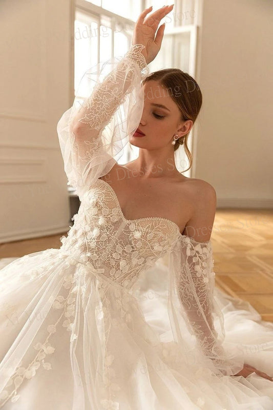 Modern Vintage 2024 New Wedding Dresses Sweetheart A-Line Lace Appliques Backless Bride Gowns Princess Puff Long Sleeve Robe De