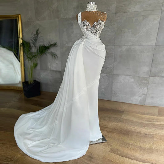 Shine Satin Surface Women Wedding Dresses Sexy Sleeveless Mermaid Bridal Gowns Bright Lace Printing Princess Vestidos De Novias