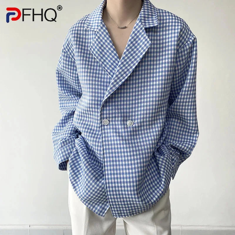 PFHQ Men's Korean Fashion Spring Summer Simple Advanced Shirts Checkered Suit Collar Long Sleeve Double Breasted Tops 21Z4024