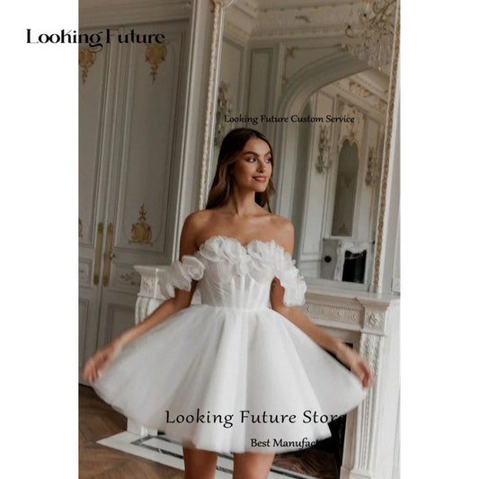 Modern Tulle Mini Ball Gown Wedding Dress Sexy Backless Lace Up Pleat Flowers Sleeveless Elegant Off Shoulder Short Bride Gown