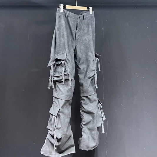 PFHQ Men's PU Washed Cargo Pants Streetwear Multi Pockets Avant-garde Pioneer Techwear Abstraction Autumn Tide Trousers 21Z3141