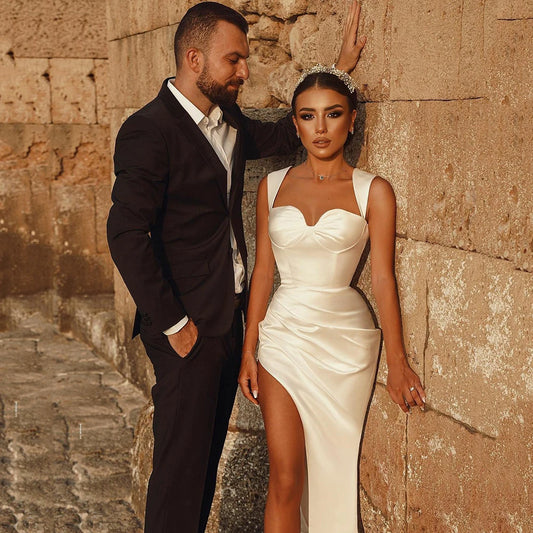 Glitter Chic Ivory Mermaid Satin Wedding Gowns Sweetheart Hig Slit Sexy Wedding Dresses vestido de no Customize Vestido De Noiva